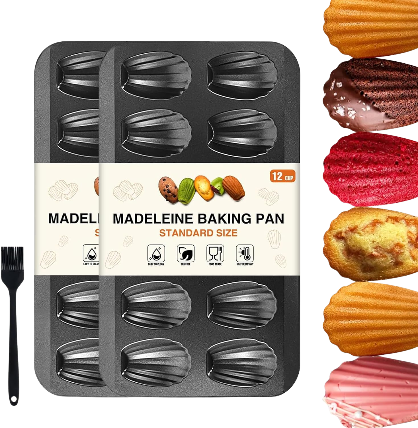 OAMCEG Madeleines Backform, 12 Mulden 2 Stück Madeleine Form, Antihaftbeschichtet Karbonstahl, mit Silikonölpinsel für Ofen Backen Schokolade Brownies Kekse-Grau